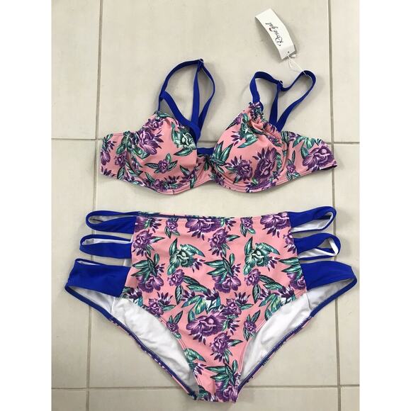 Rose Gal Swim Multicolor Floral Cage Cut Out Bikini Swimwear - Picture 1 of 11